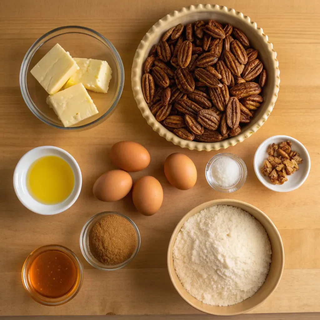 Flat lay of pecan pie ingredients including pecans, butter, and eggs