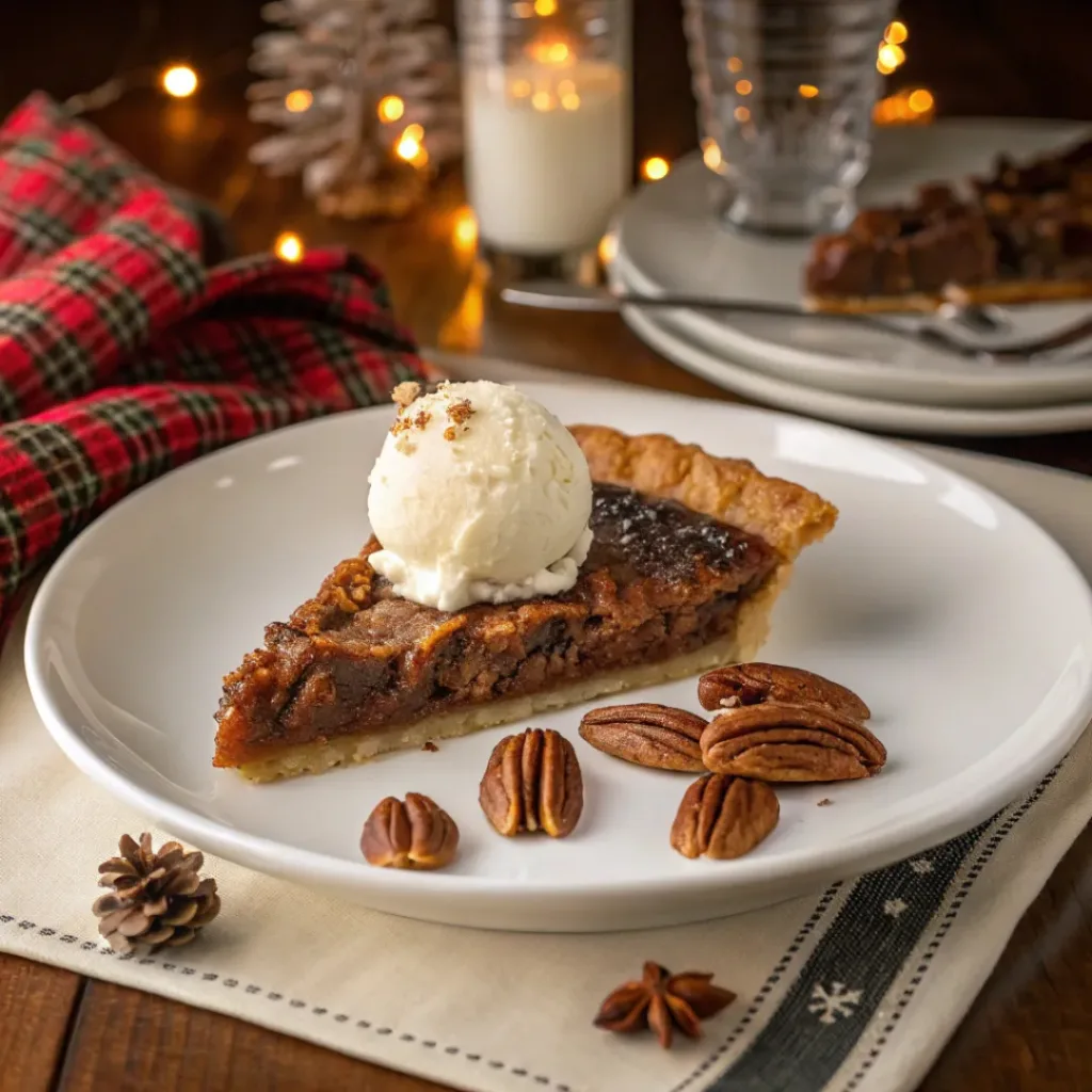 Slice of pecan pie served with vanilla ice cream