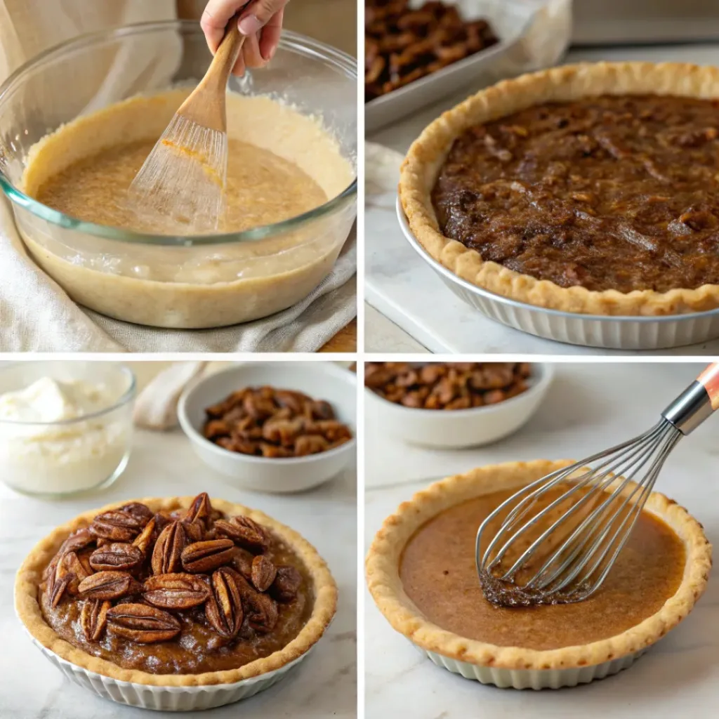 Step-by-step collage showing preparation of pecan pie
