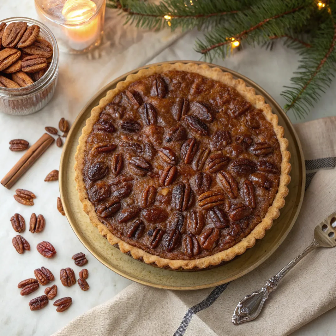 Traditional pecan pie with glossy pecan topping and flaky crust