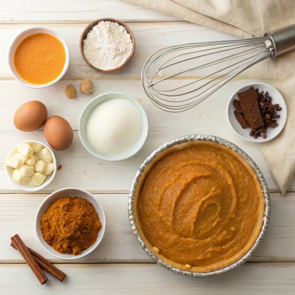 Flat lay of ingredients for classic pumpkin pie