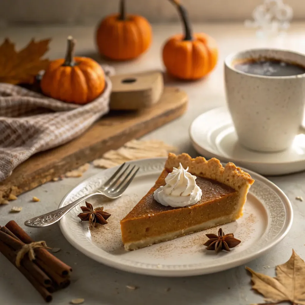 Slice of pumpkin pie with whipped cream served with coffee