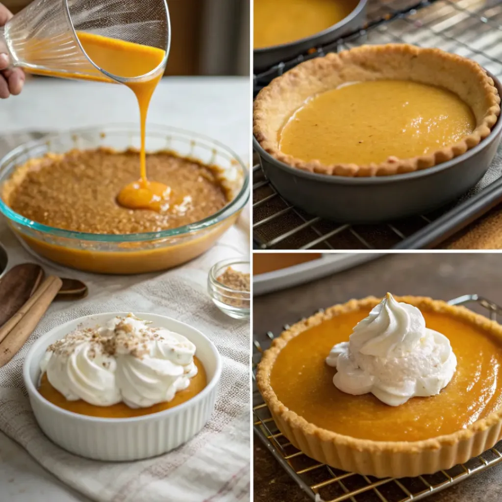 Step-by-step collage of pumpkin pie preparation