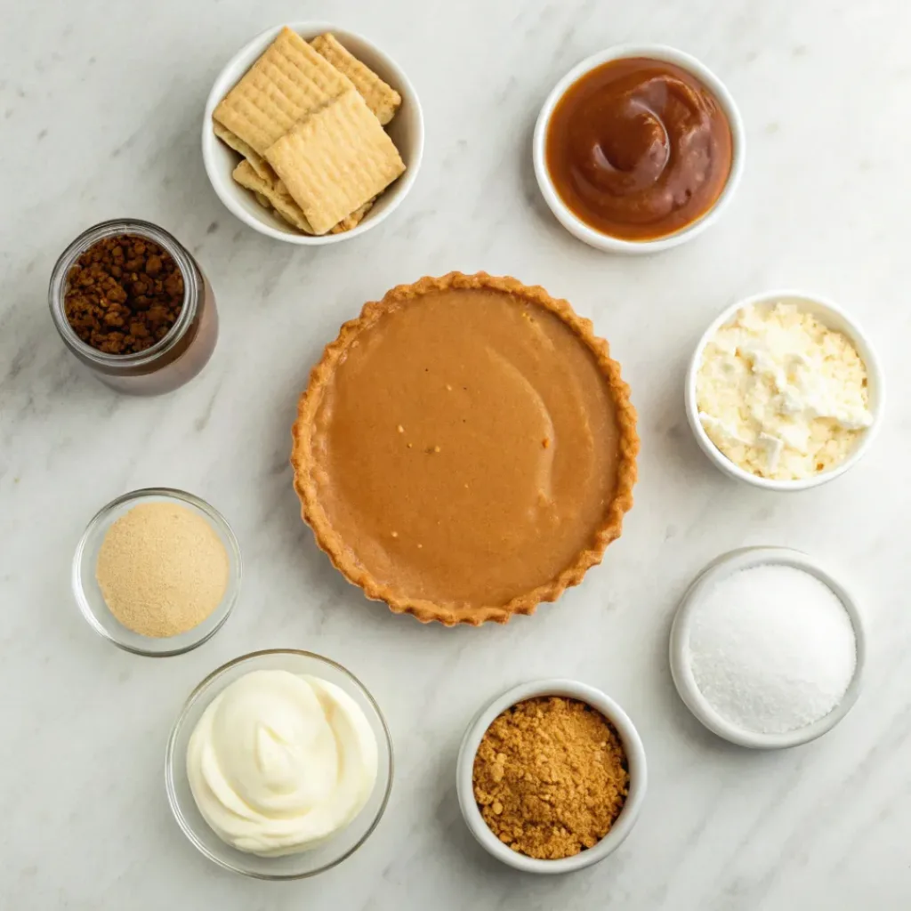Flat lay of ingredients for salted caramel cream pie