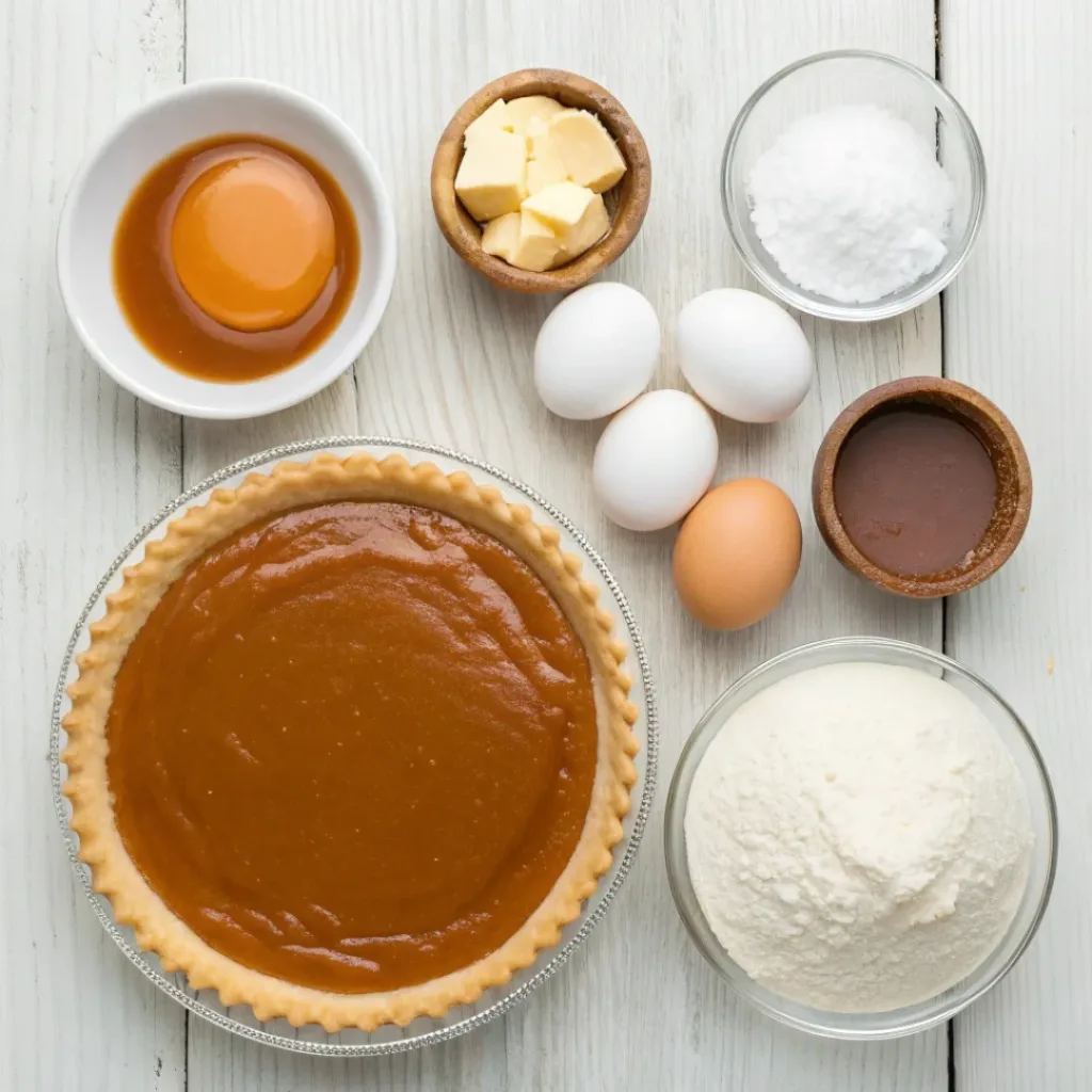 Flat lay of ingredients for making salted caramel pie