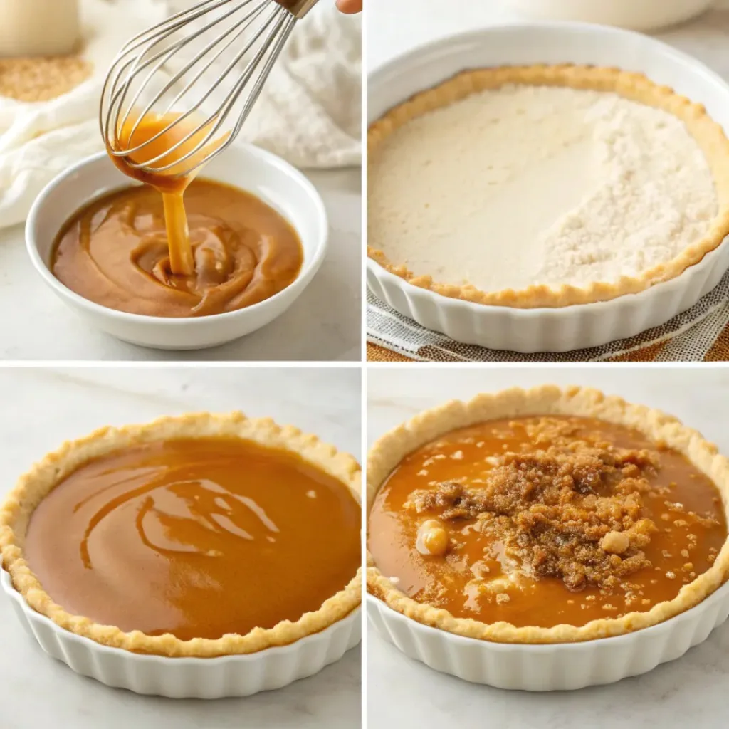 Step-by-step collage showing preparation of salted caramel pie