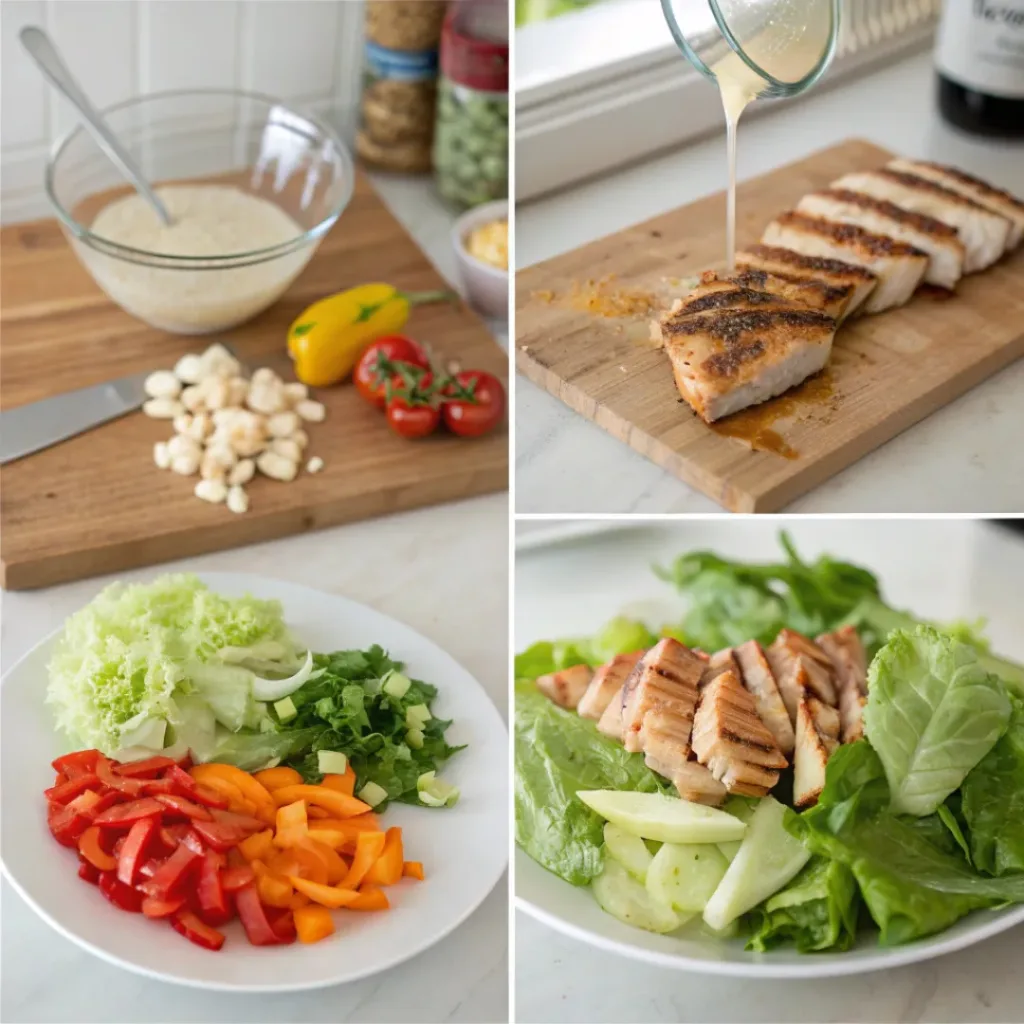 Step-by-step collage showing preparation and assembly of cobb salad