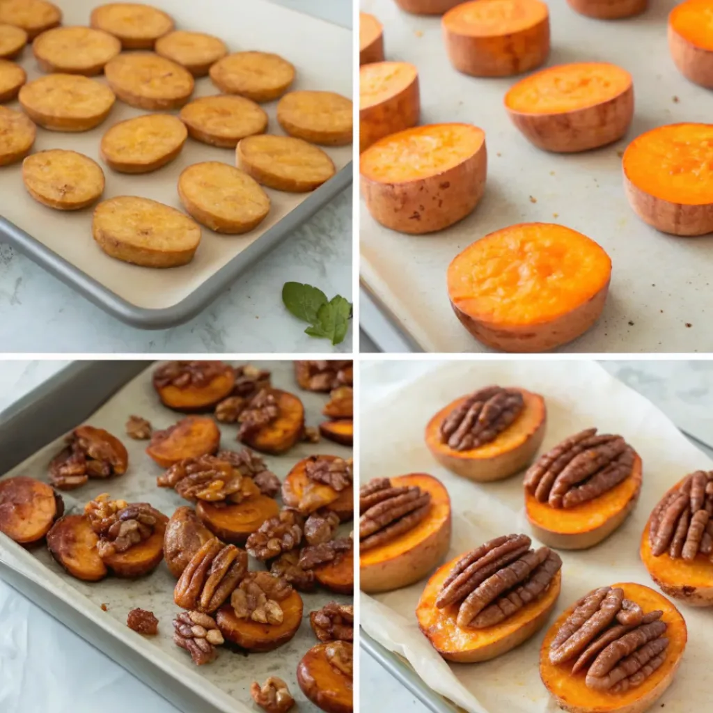 Step-by-step collage of baking and topping sweet potato bites