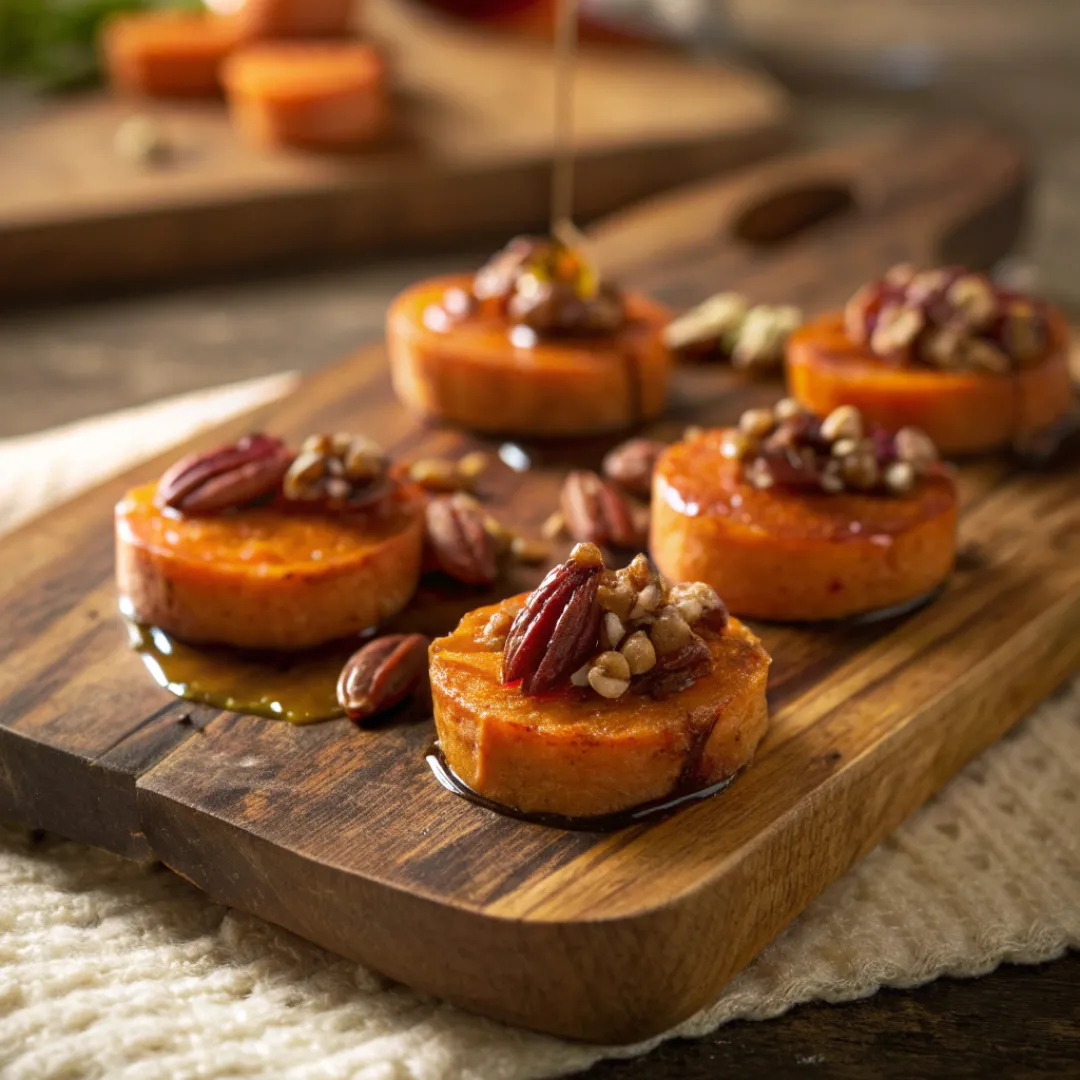 Roasted sweet potato bites topped with marshmallows and pecans