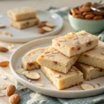 Stacked almond marzipan cookie bars on a plate