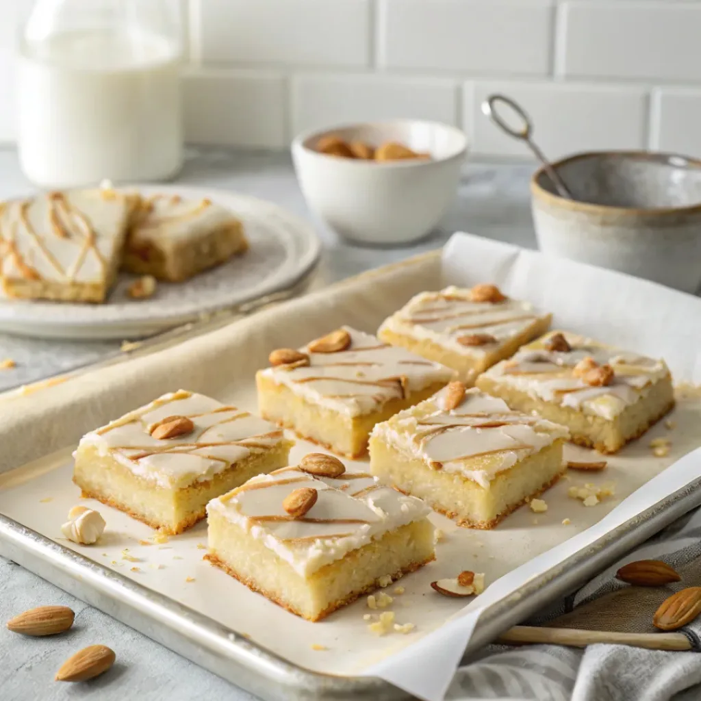 Almond Marzipan Cookie Bars – Soft, Chewy & Rich Almond Flavor 8 Almond Marzipan Cookie Bars cut into squares with almond glaze