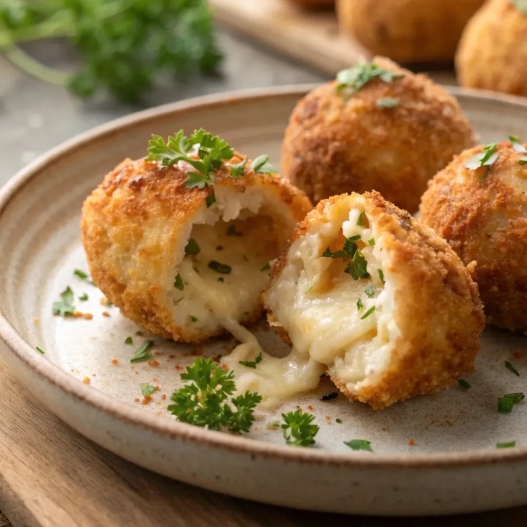 Close-up of golden Baked Arancini on plate