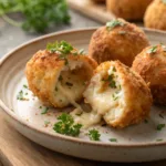 Close-up of golden Baked Arancini on plate