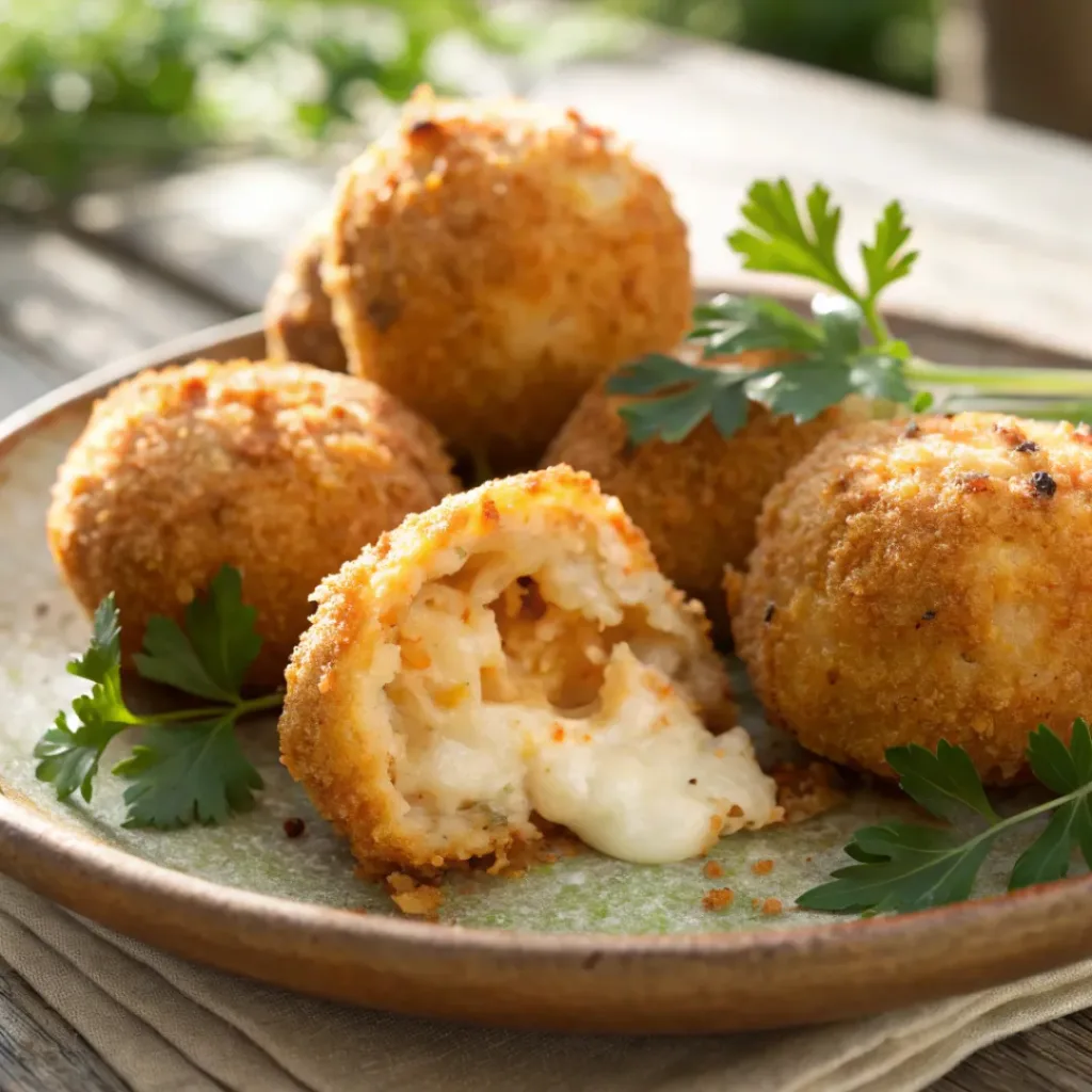 Served Baked Arancini with melted cheese on plate