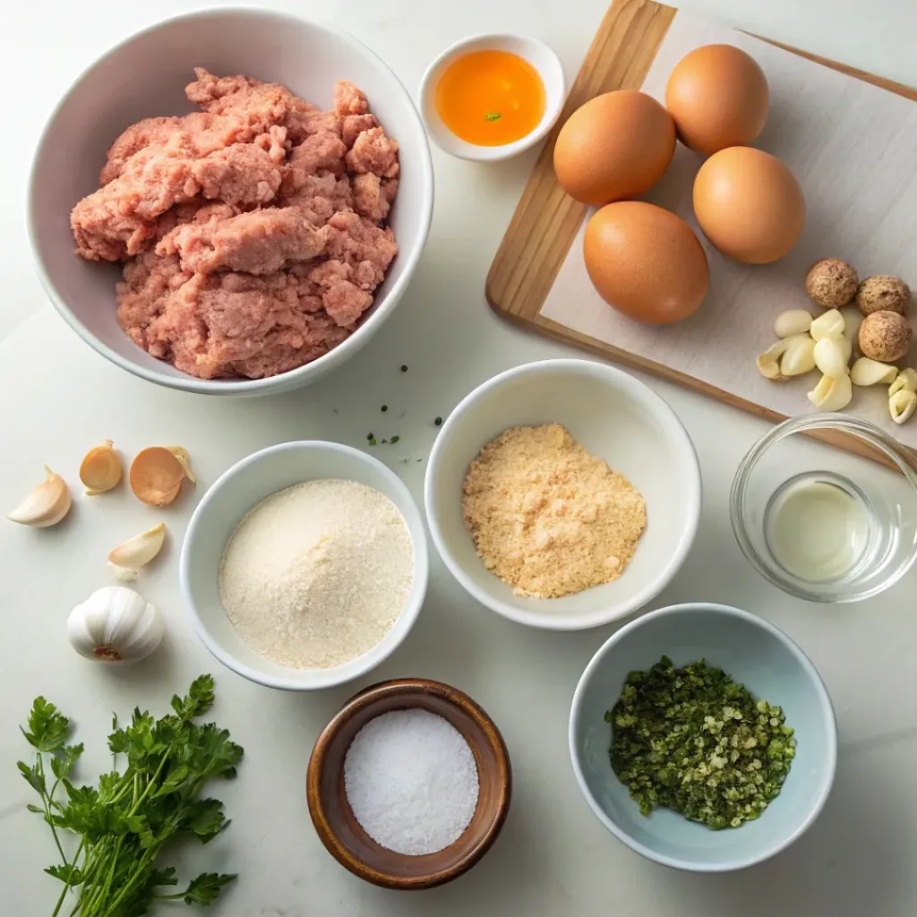 Easy Baked Chicken Meatballs 6 Chicken meatball ingredients flat lay