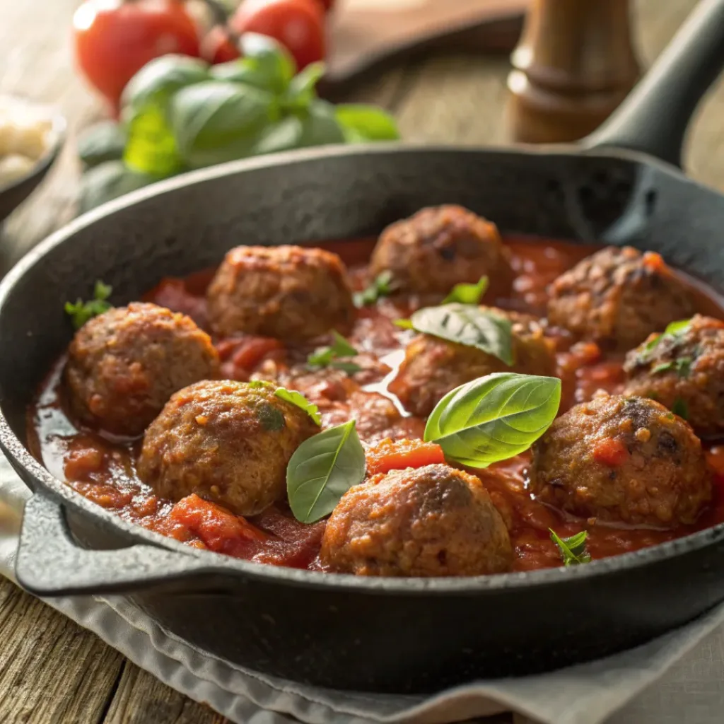 Baked Meatballs in Marinara Sauce in skillet