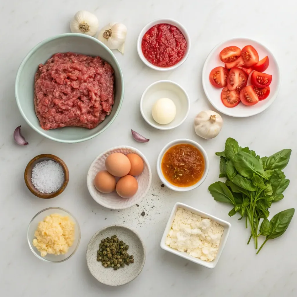 Baked Meatballs in Marinara Sauce ingredients flat lay