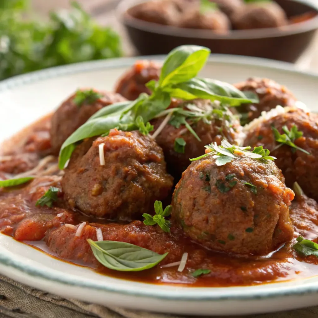 Served Baked Meatballs in Marinara Sauce