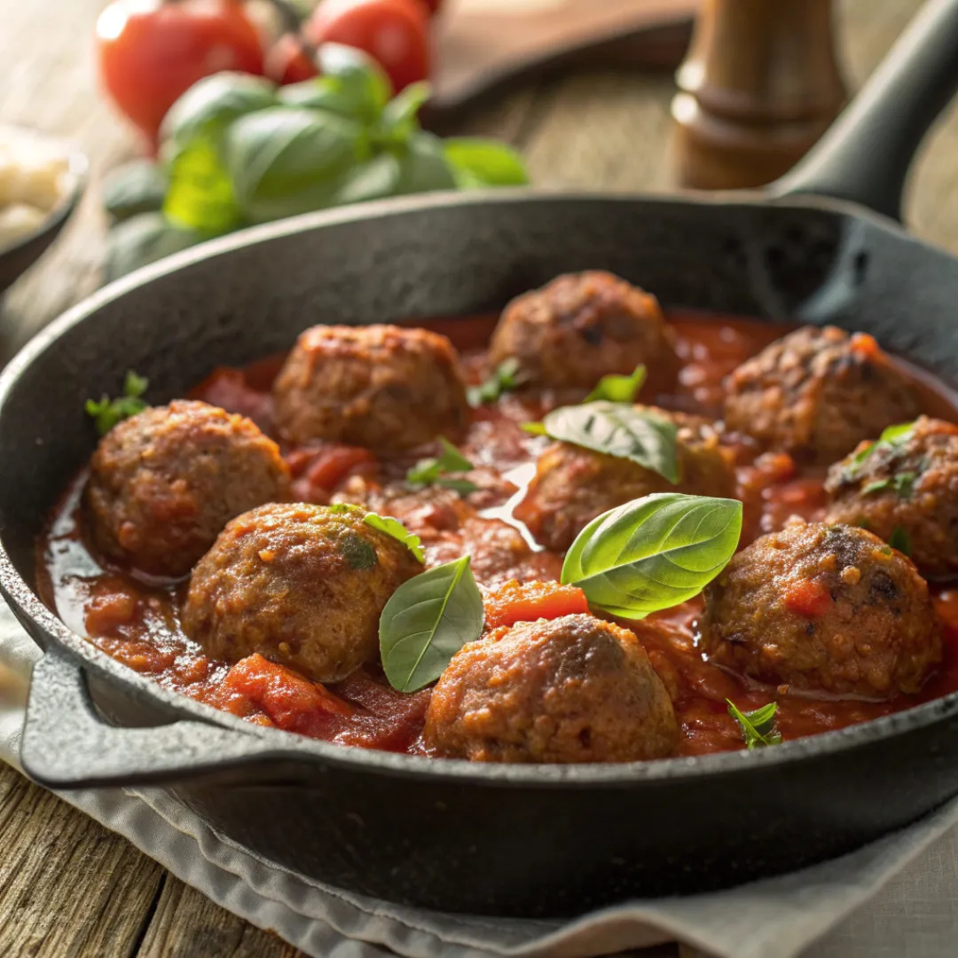 Baked Meatballs in Marinara Sauce in skillet