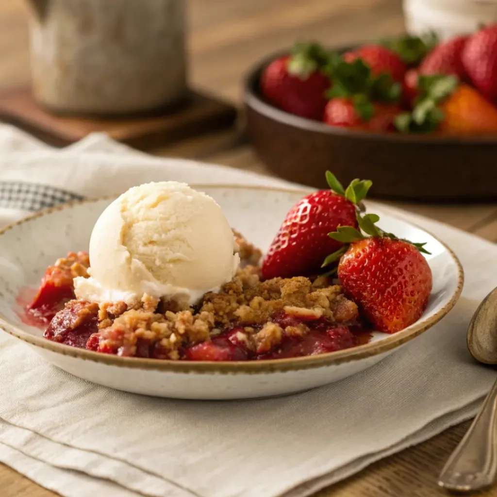 Strawberry Crisp served with vanilla ice cream