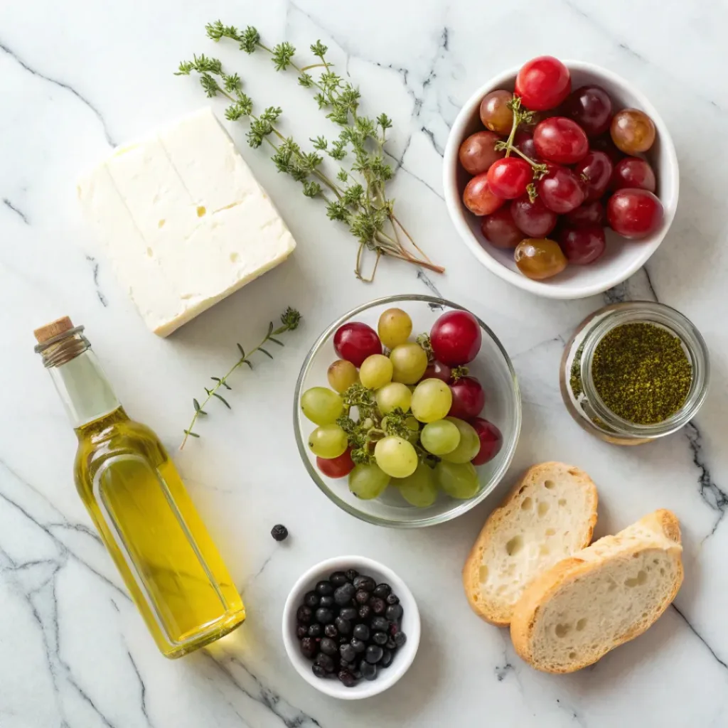 Baked feta with grapes ingredients flat lay