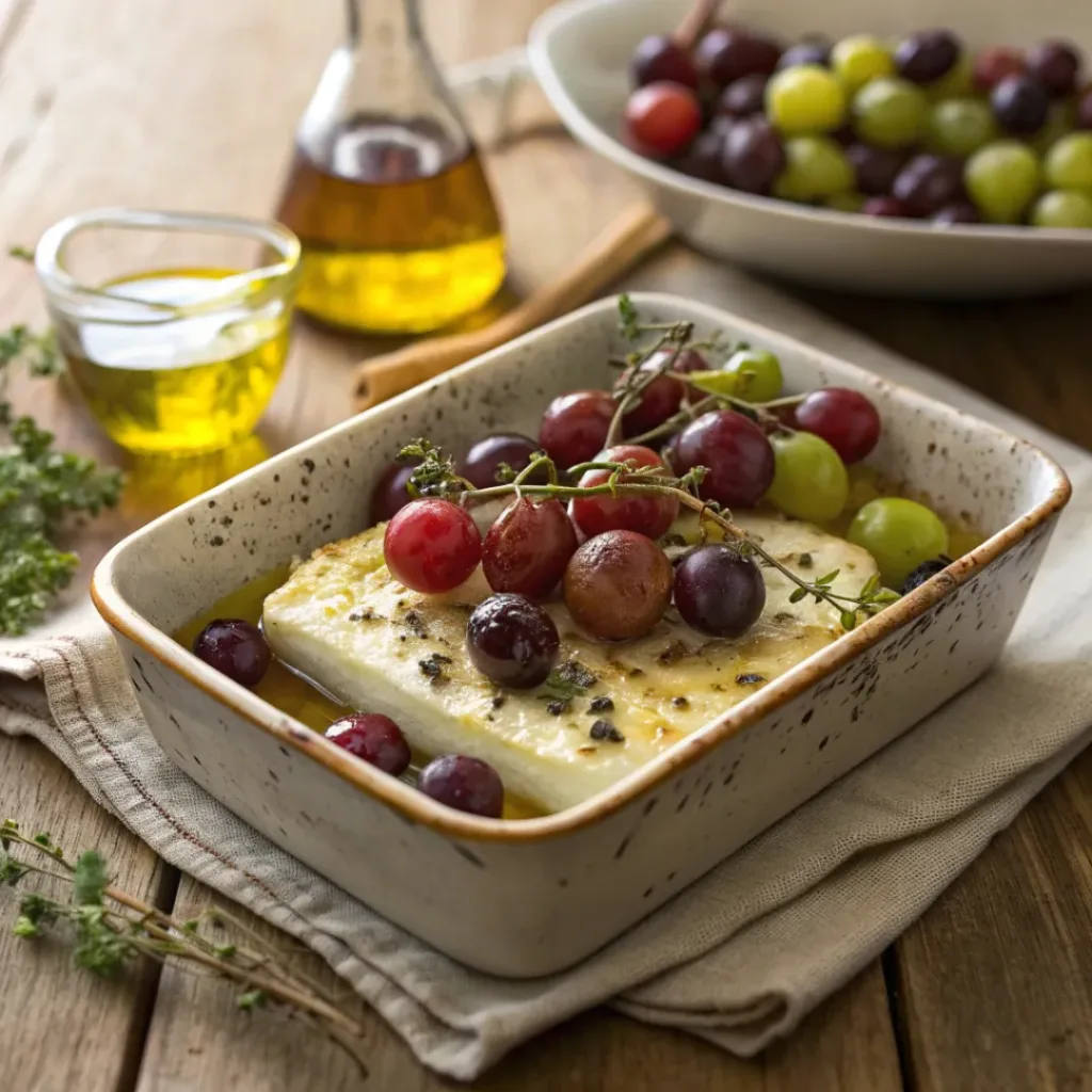 Baked feta with grapes served with bread