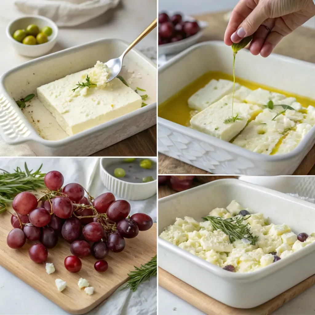Step-by-step baked feta with grapes process