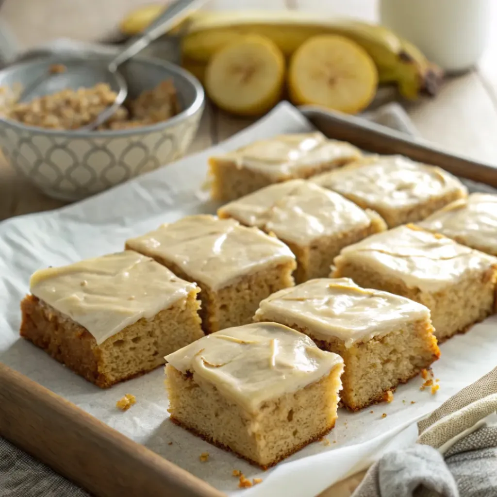 Soft Banana Bread Brownies 8 Stack of banana bread brownies with frosting
