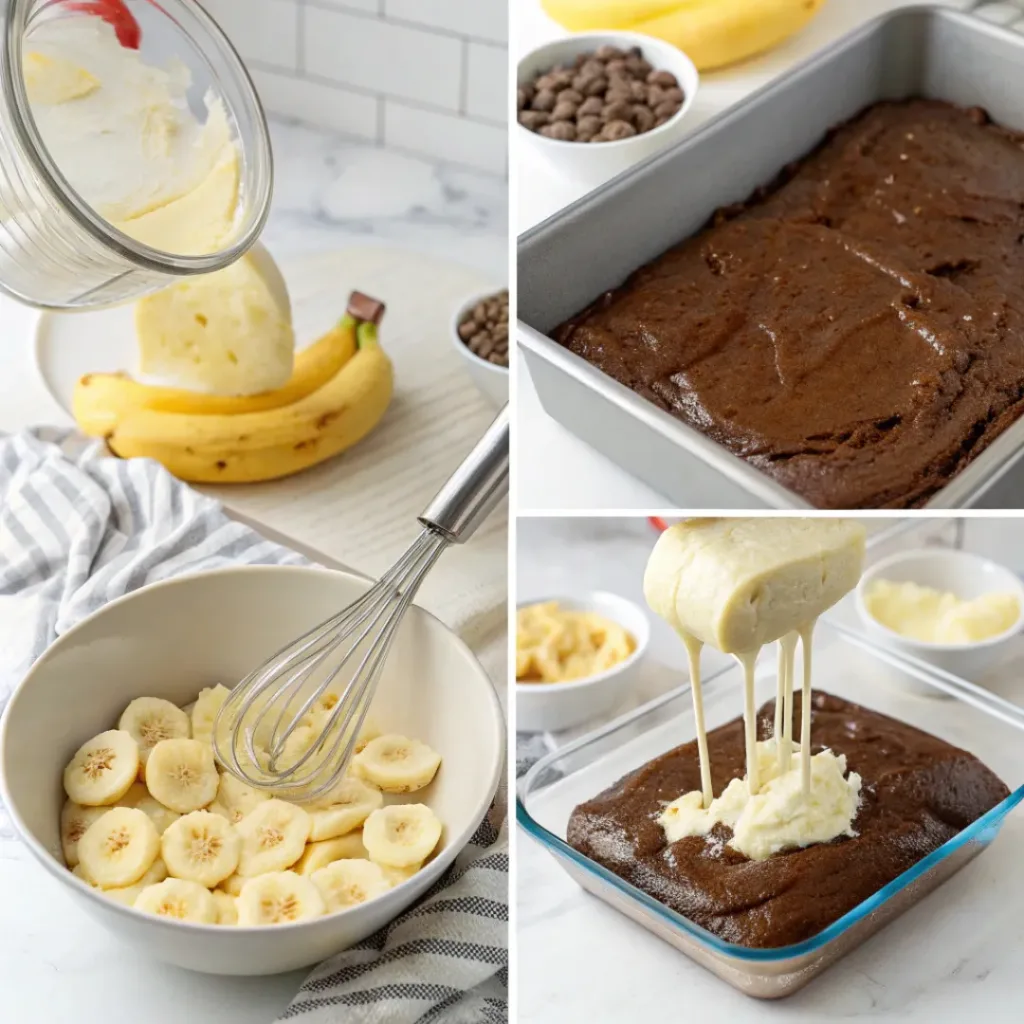 Soft Banana Bread Brownies 7 Step-by-step collage of making banana bread brownies