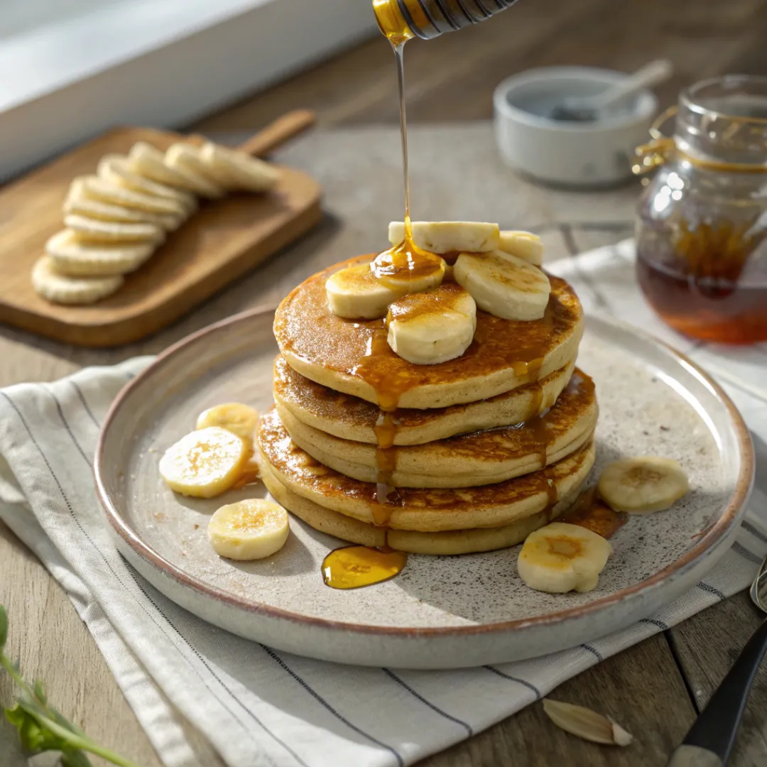 Stack of Banana Pancakes with syrup and banana slices