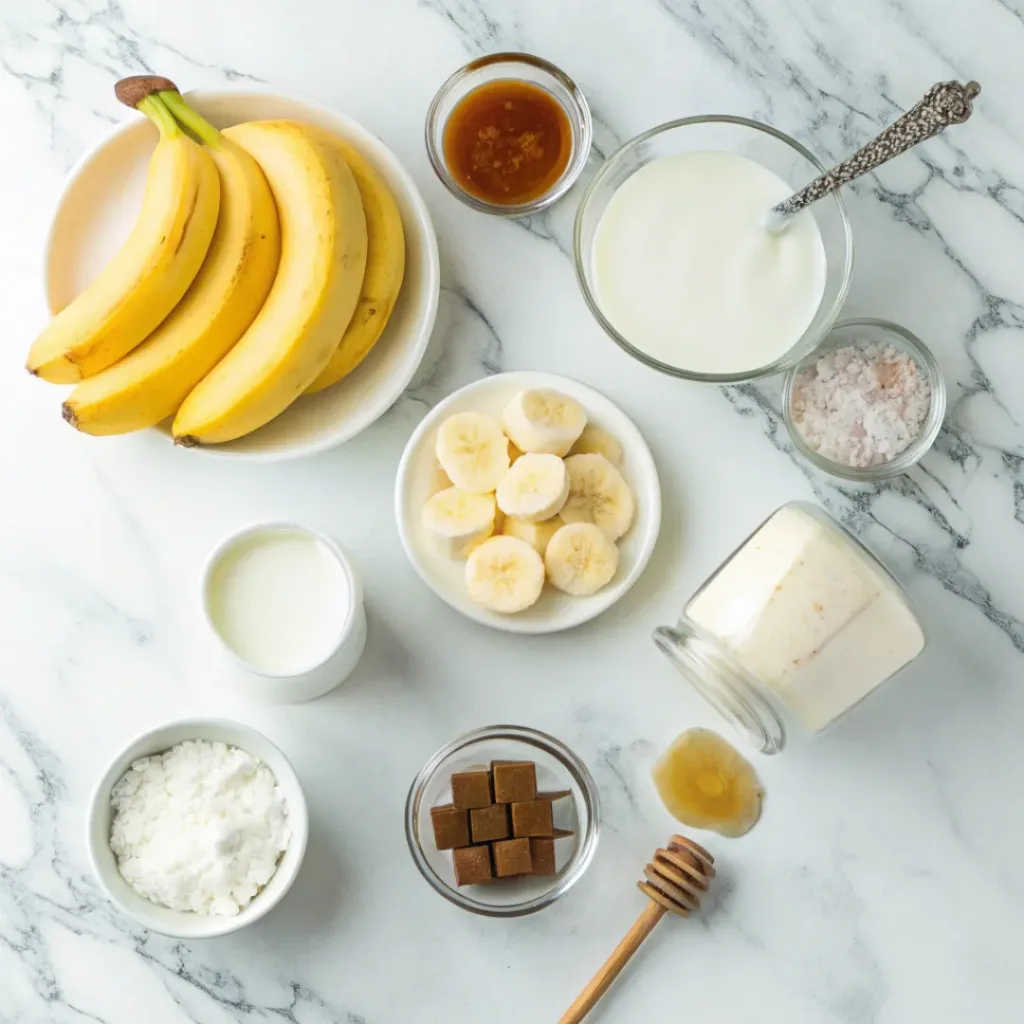 Flat lay of all ingredients for Banana Smoothie.