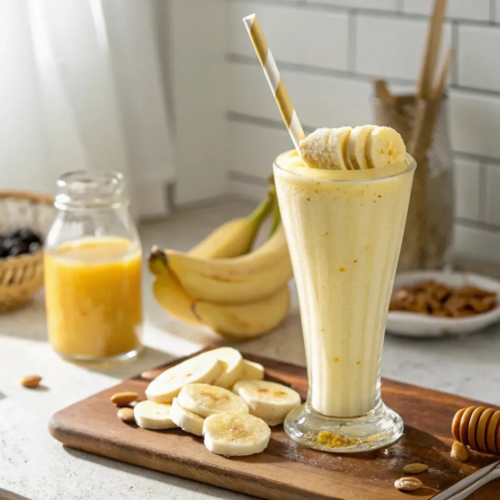 Banana smoothie served in a tall glass with a straw and banana slice.