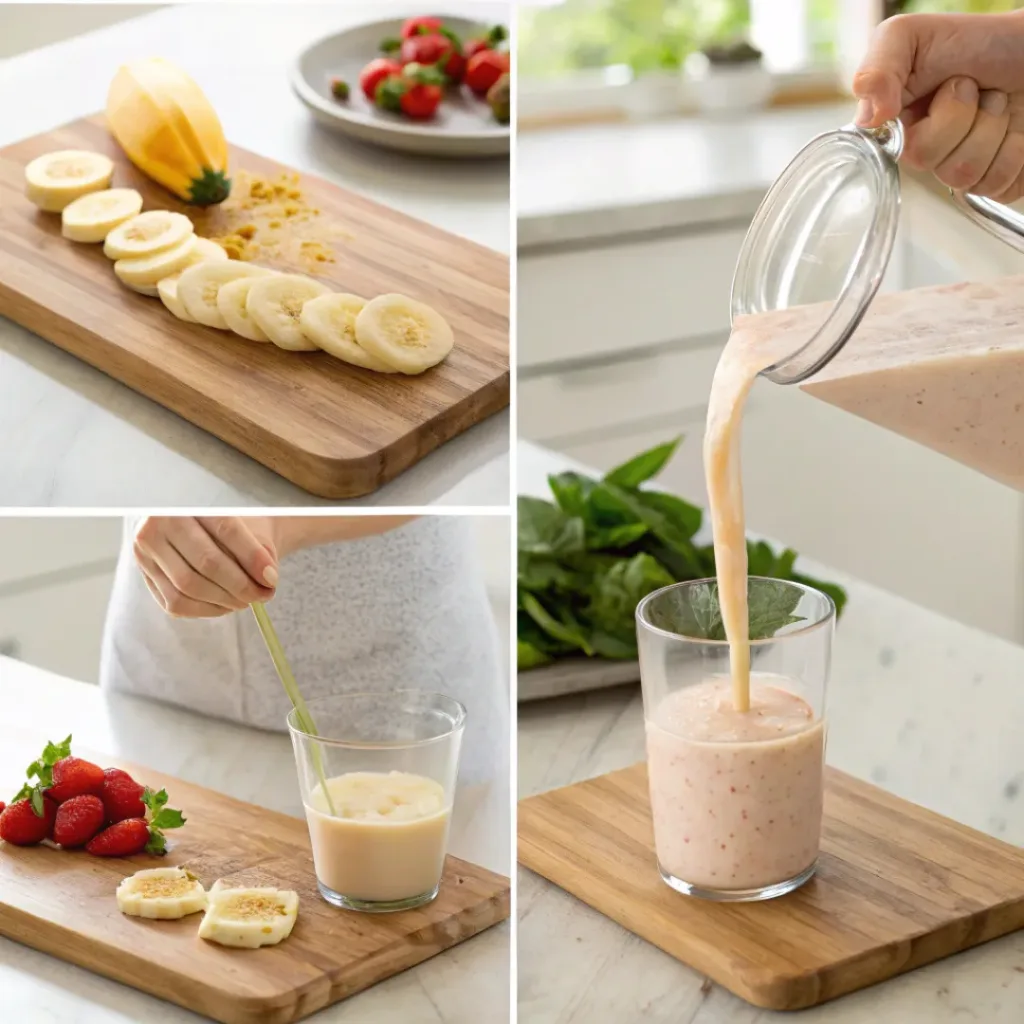 Step-by-step collage showing preparation of Banana Smoothie.