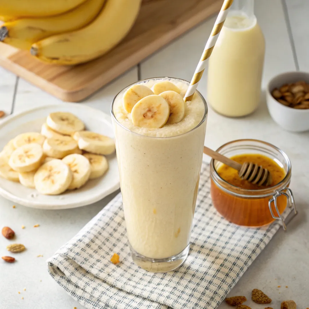 Tall glass of creamy banana smoothie with banana slices on top.