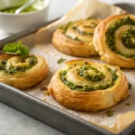 Golden basil pesto cheesy puff pastries on a baking tray.