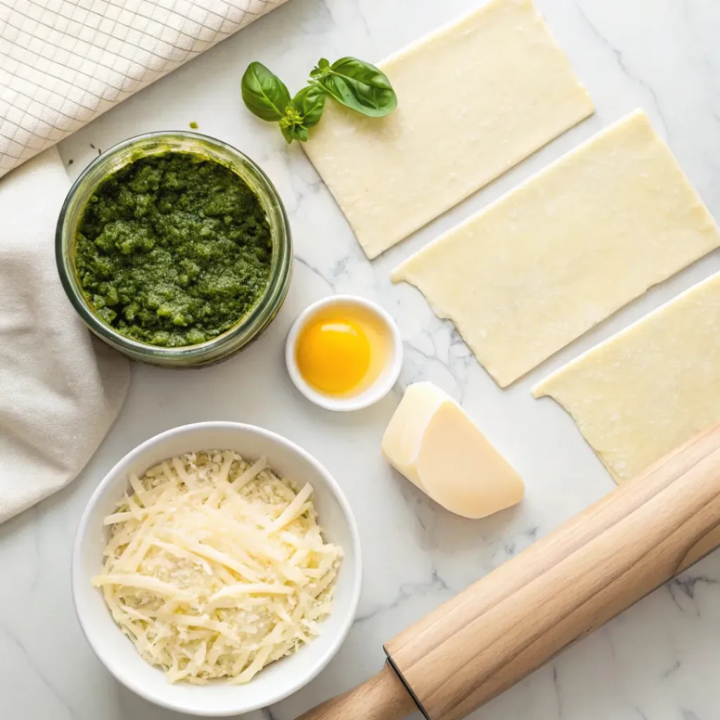 Flat lay of puff pastry, basil pesto, cheeses, and egg wash.