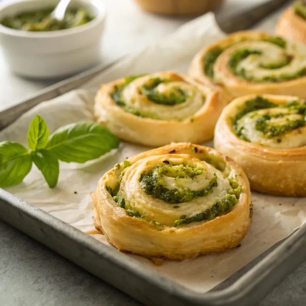 Plated basil pesto cheesy puffs with basil garnish.