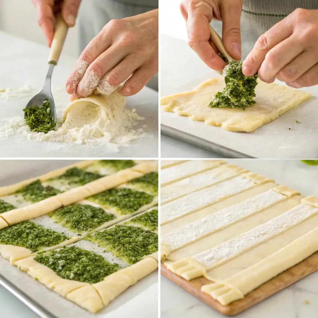 Four-step collage showing how to prepare basil pesto cheesy puffs.