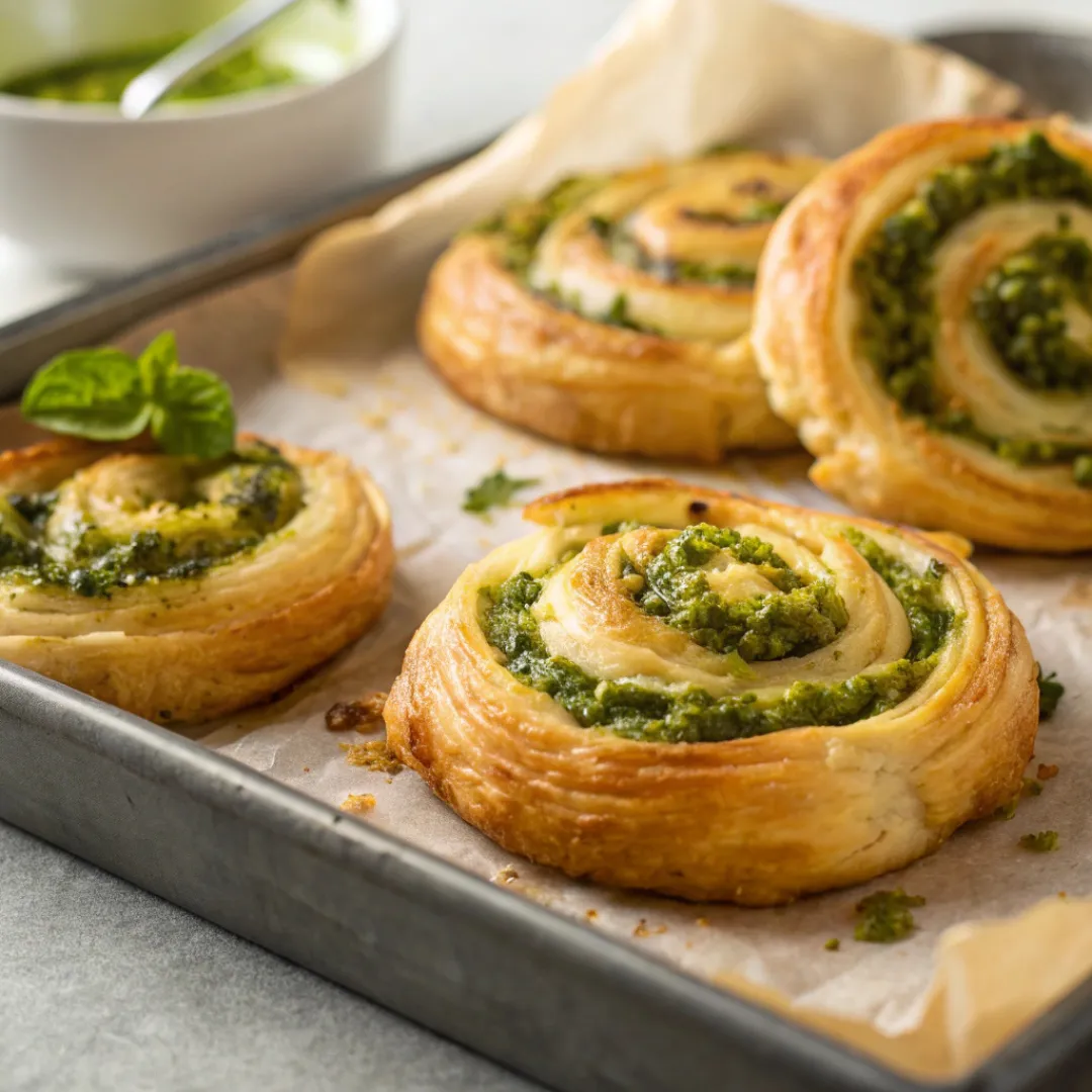 Golden basil pesto cheesy puff pastries on a baking tray.