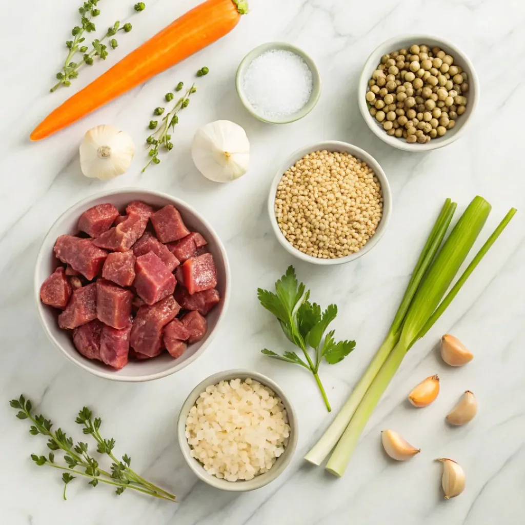Beef Barley Soup ingredients flat lay