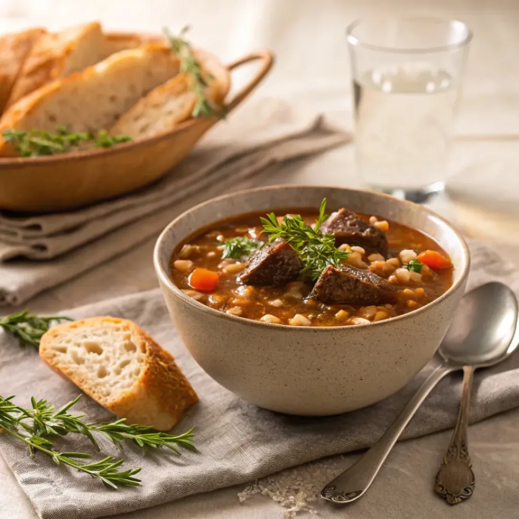Beef Barley Soup served with bread