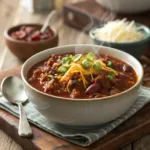 Bowl of hearty beef chili topped with cheese and green onions