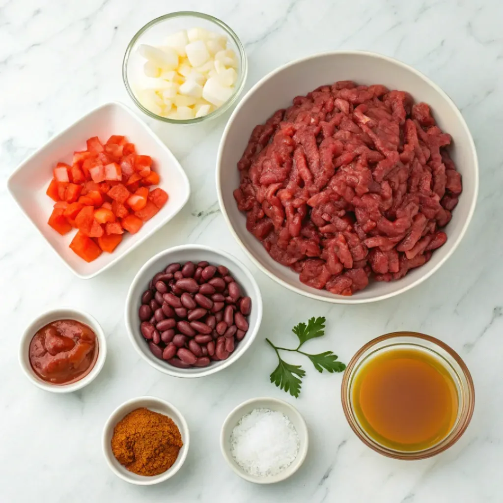 Hearty Beef Chili – Thick, Cozy & Flavor-Packed 6 Flat lay of ingredients for hearty beef chili