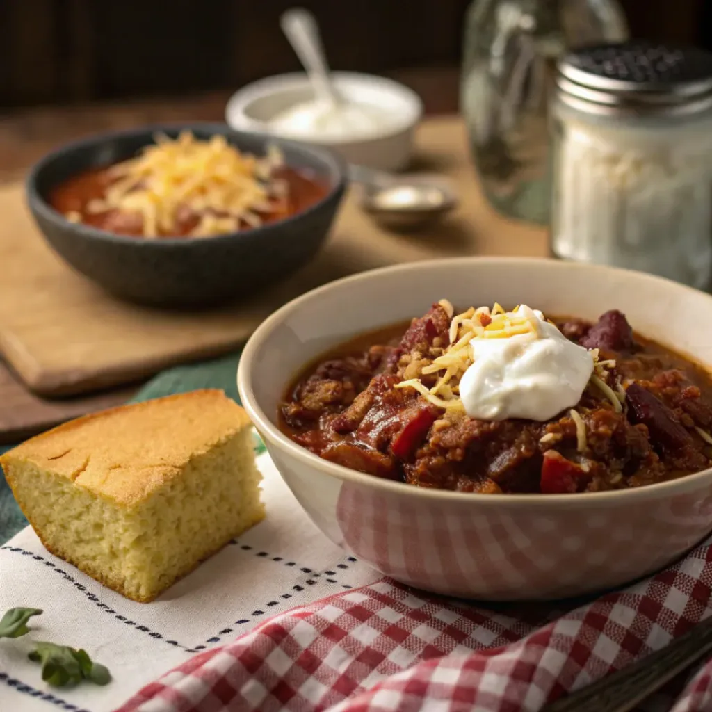 Hearty Beef Chili – Thick, Cozy & Flavor-Packed 8 Hearty beef chili served with cornbread