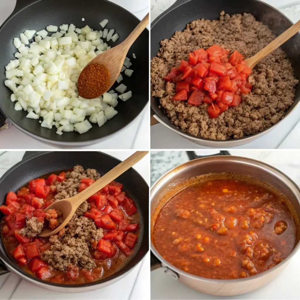 Hearty Beef Chili – Thick, Cozy & Flavor-Packed 7 Step-by-step collage of making hearty beef chili