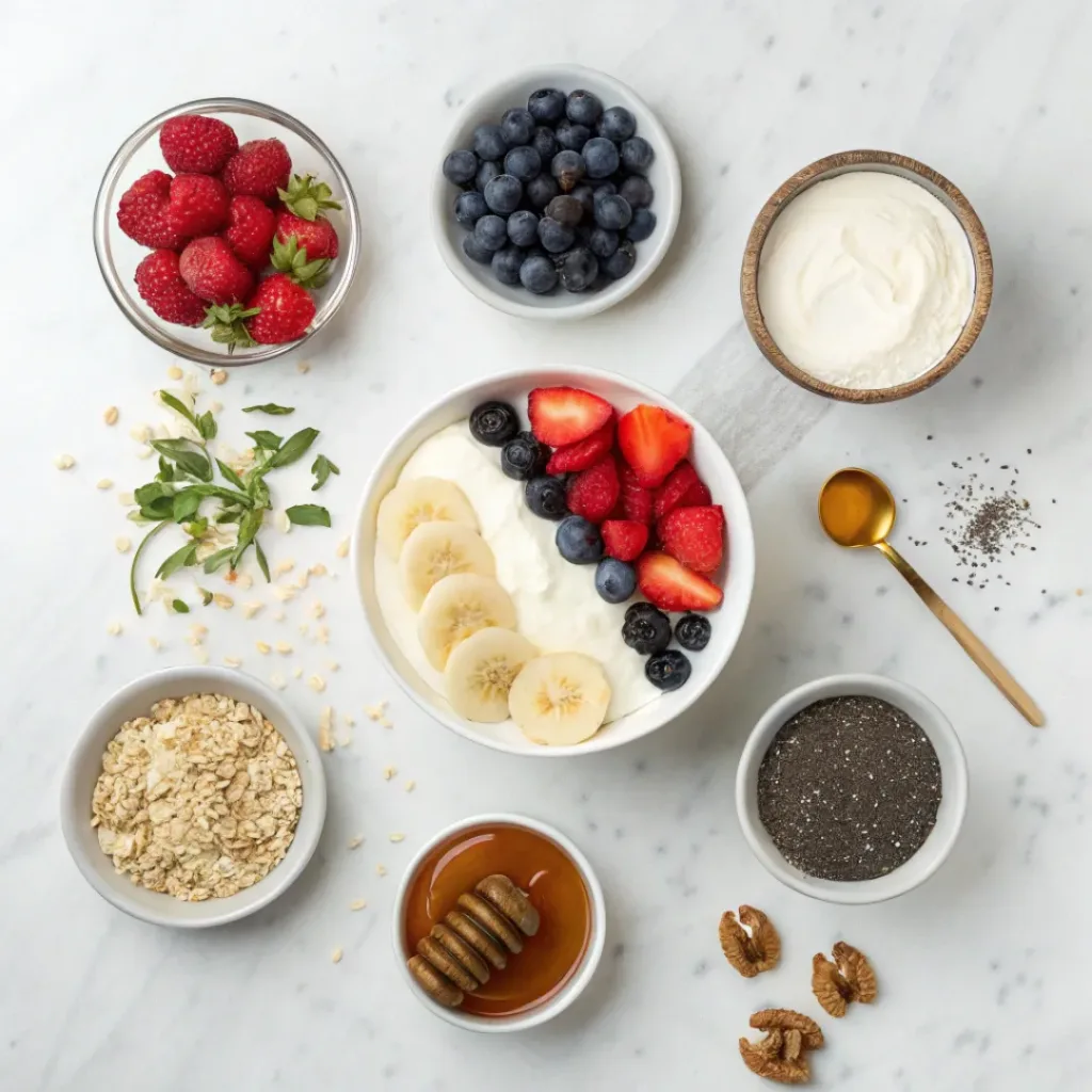 Berry Smoothie Bowl with Crunchy Toppings – Healthy & Refreshing 6 Flat lay of ingredients for berry smoothie bowl