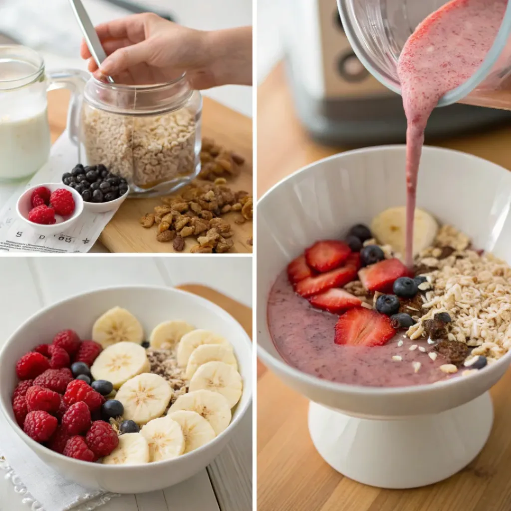 Berry Smoothie Bowl with Crunchy Toppings – Healthy & Refreshing 7 Step-by-step collage of making berry smoothie bowl