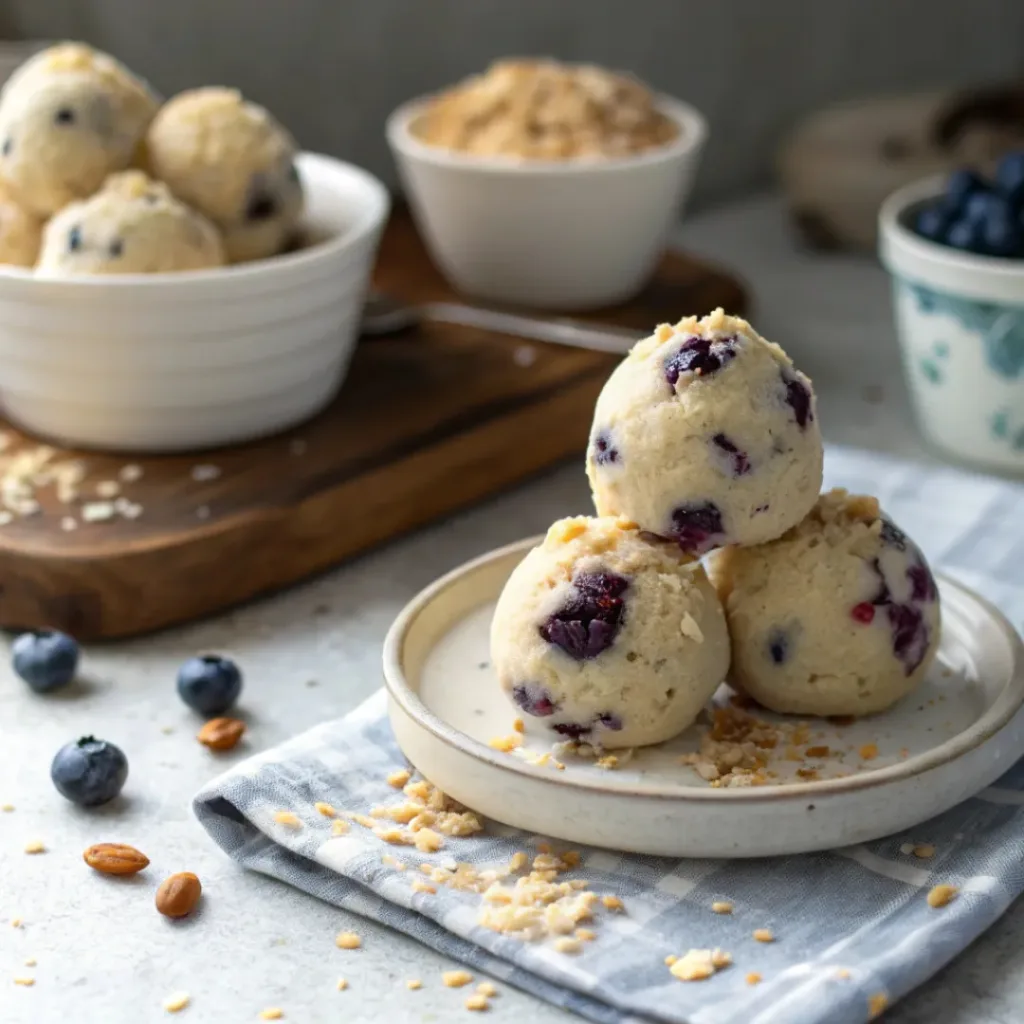 Blueberry Cheesecake Protein Balls stacked on a plate.
