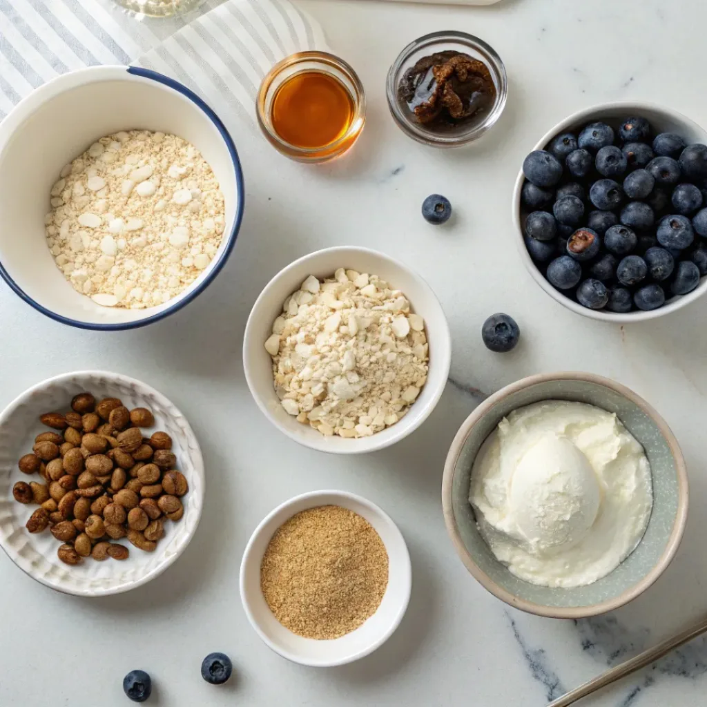Healthy Blueberry Cheesecake Protein Balls 6 Flat lay of all ingredients for Blueberry Cheesecake Protein Balls.
