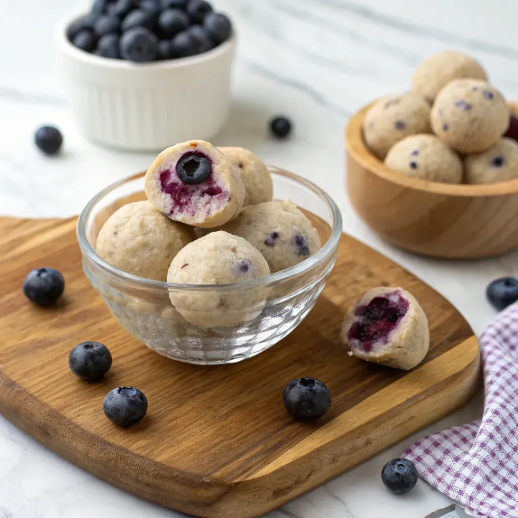 Healthy Blueberry Cheesecake Protein Balls 8 Blueberry Cheesecake Protein Balls served in a bowl with creamy filling visible.